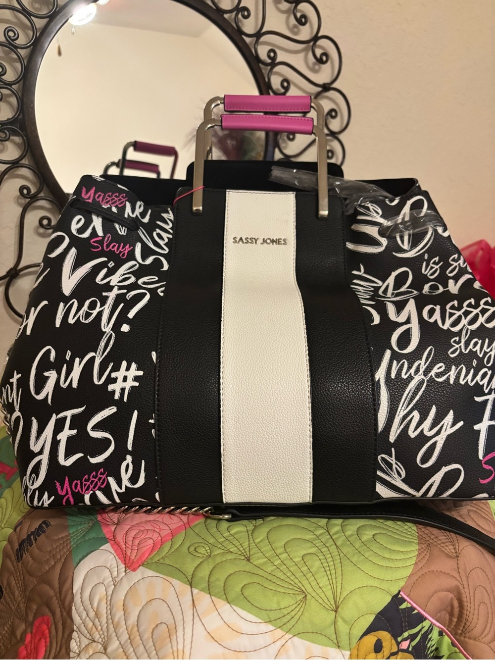 Sassy Jones Black & White Graphic Tote with Pink Handle Accents